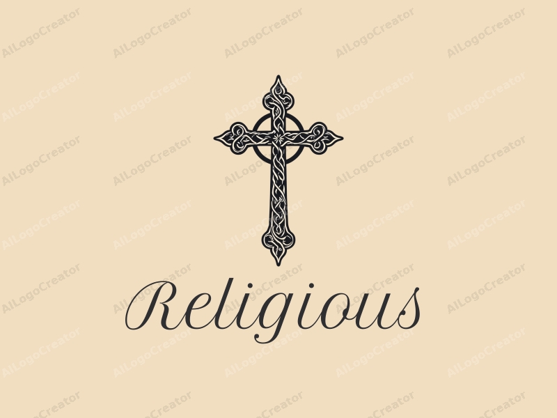 vintage design features a stylized cross intertwined with religious symbols, embodying faith and harmony, combined with a clean background.