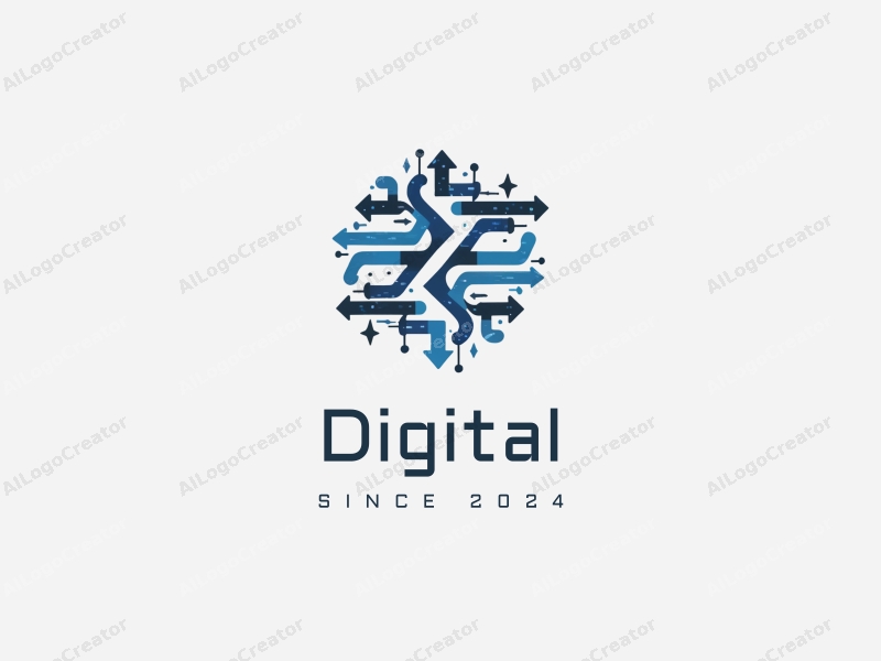 a modern minimalist design featuring digital elements like circuit patterns, stylized data streams, and network symbols, combined with a clean background in blue and black colors.