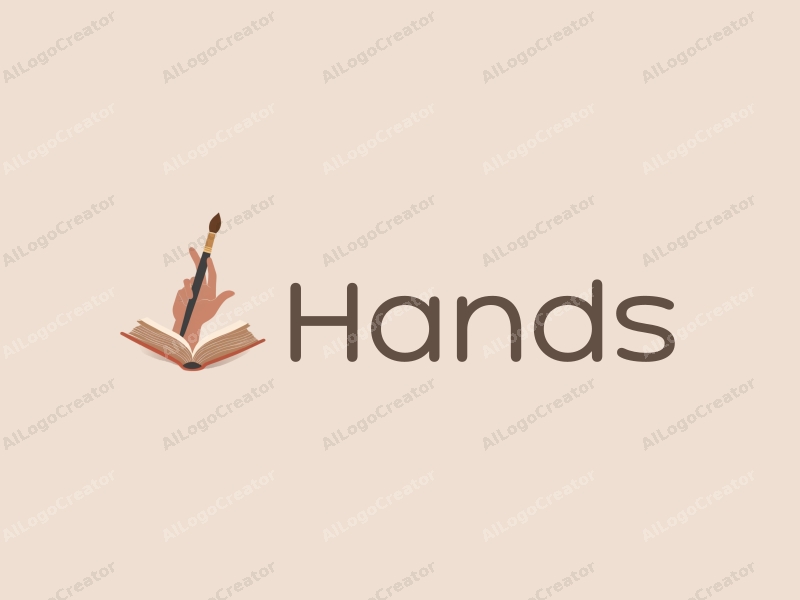 a modern design featuring a hand holding a paintbrush and a book, with a skin tone color palette, combined with a clean and simple background.