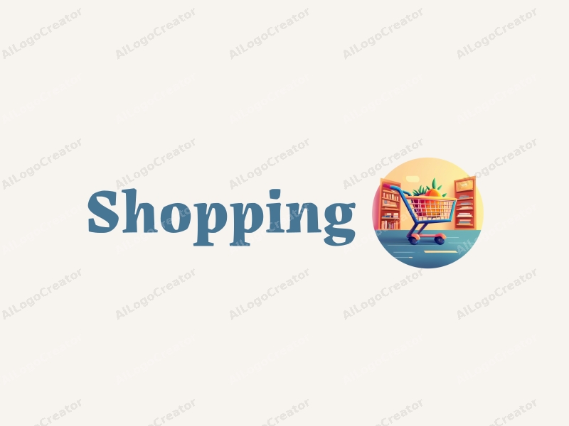 a modern design featuring a colorful shopping cart and shelves in a shopping mall environment, utilizing a clean and harmonious composition with a focus on simplicity and abstraction.