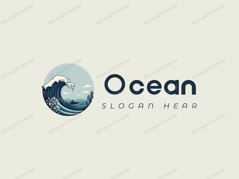 a modern design featuring stylized waves, marine life including coral and starfish, combined with a clean background and a harmonious composition.