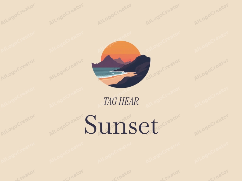 vintage design features a stylized sunset over a beach with mountains in the background, incorporating warm orange and purple tones, combined with a clean and harmonious layout.