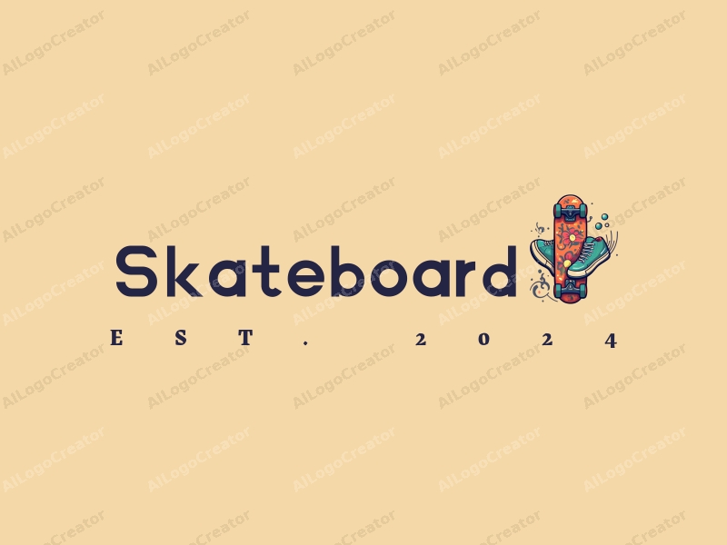 playful design features a vibrant skateboard and a pair of stylized skateboard shoes, combined with a clean background and a fun, energetic composition.