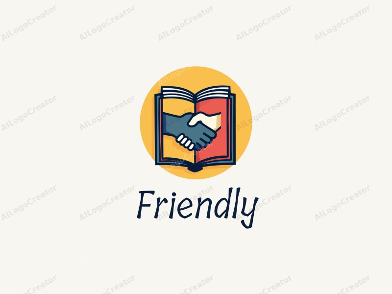 playful design features a stylized book and a handshake, combined with a clean background, emphasizing friendship and community in an educational and social context.