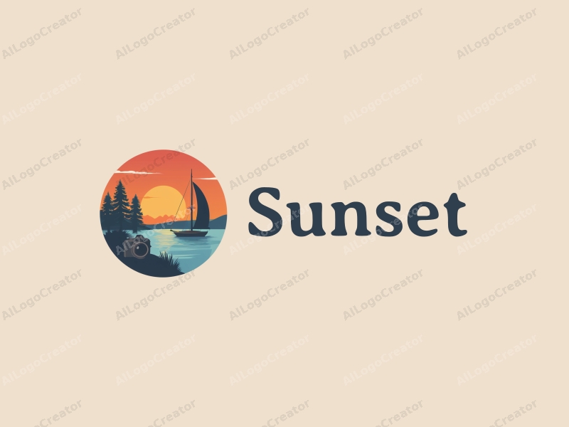 vintage design features a stylized sunset over a serene landscape, incorporating a camera and a sailboat, combined with a clean background.