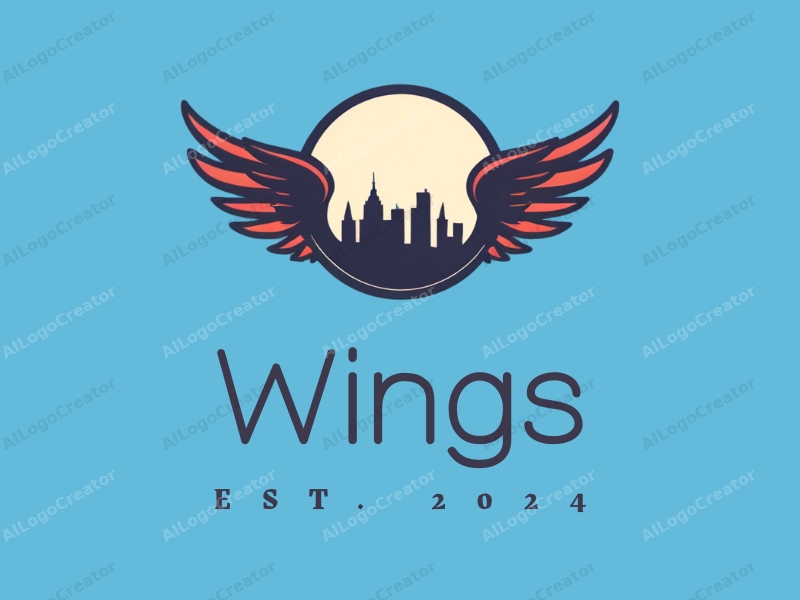 playful design features stylized wings and a flying motif combined with a city skyline silhouette, set against a clean blue background.