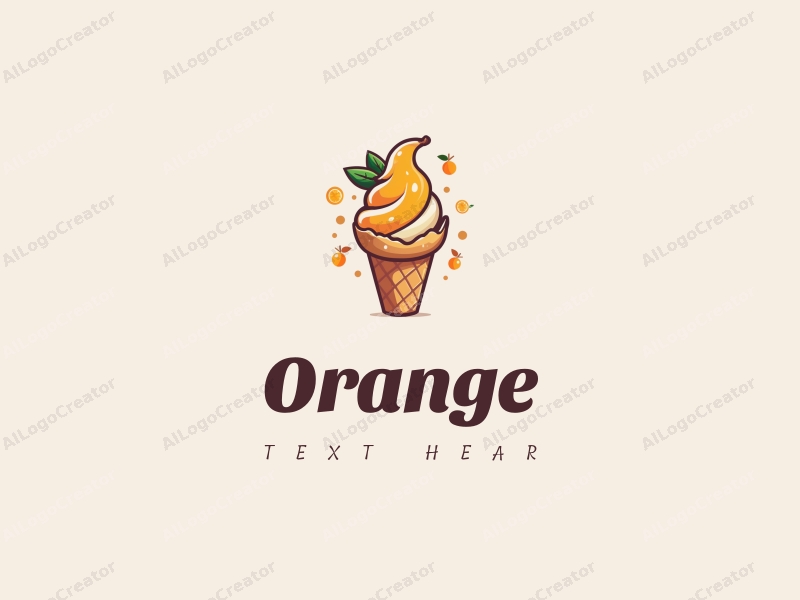 playful design features a stylized orange, a splash of juice, and a whimsical ice cream cone with tropical fruits, combined with a clean background.