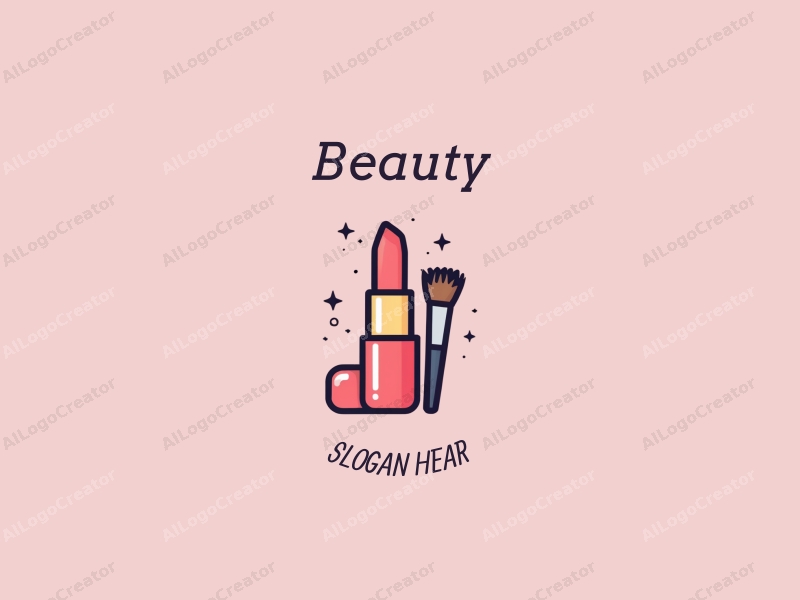 modern design features a stylized lipstick and makeup brush, combined with beauty elements, set against a clean pink background.