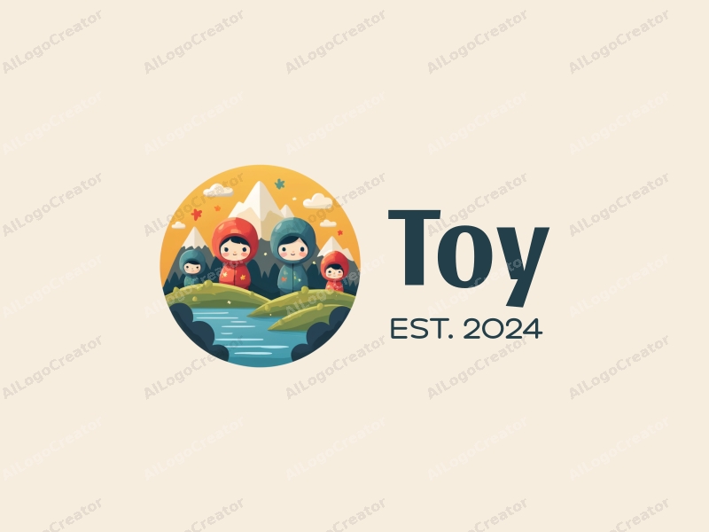 playful design features whimsical dolls and colorful puzzles integrated with stylized mountains and water bodies, combined with a clean background.