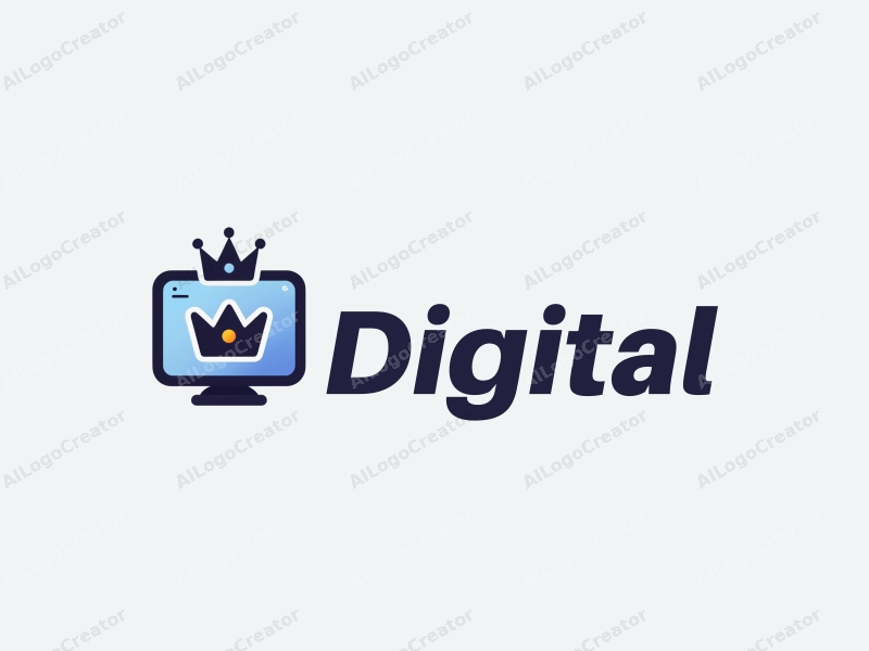 a modern minimalist design featuring digital elements like a stylized screen and a crown, combined with a clean background in blue and black colors.