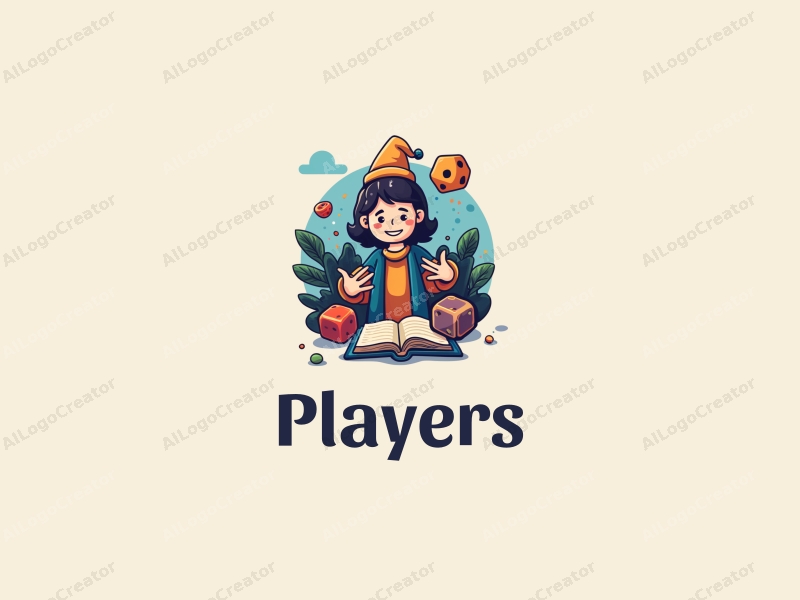 playful design features a vibrant color scheme, a stylized player and game character, along with whimsical dice and a magic book, combined with a clean and simple background.