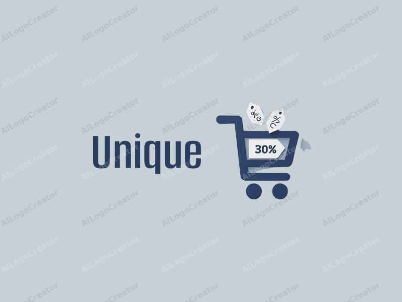 a modern minimalist design featuring a stylized shopping cart icon, discount tags, and a clean background with blue and gray color palette.