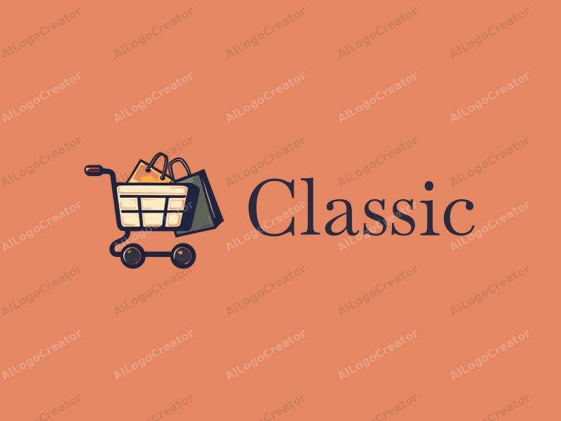 vintage design features a classic shopping cart and a traditional shopping bag, combined with a harmonious layout and a clean background.