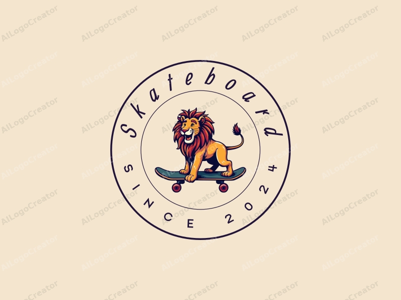 playful design features a vibrant skateboard and a stylized lion, combined with a clean background and a fun, energetic composition.