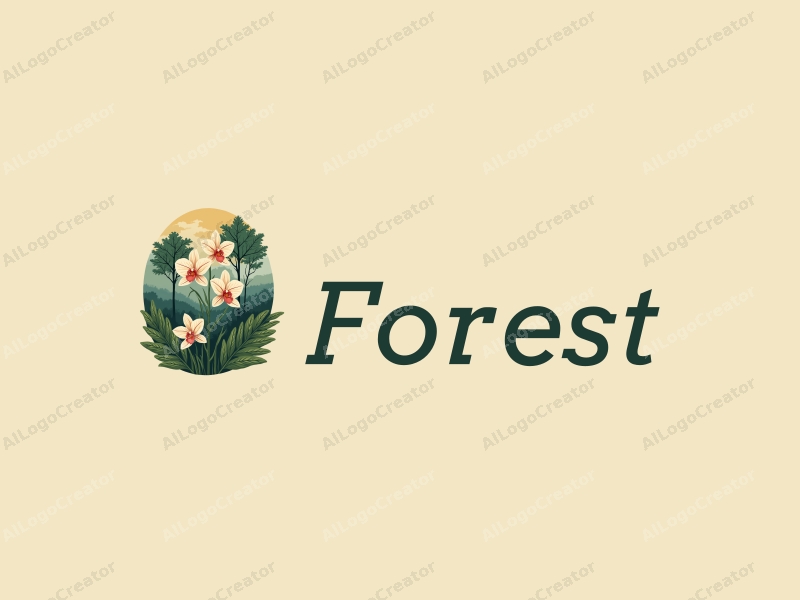 vintage design features a stylized forest scene with trees and orchids, combined with green leaves, creating a harmonious and clean background.