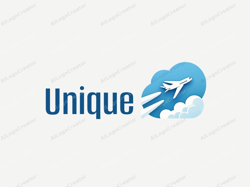 a modern minimalist design featuring a stylized airplane soaring through abstract clouds, utilizing a blue and white color palette, with a clean and innovative approach.