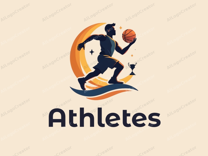 modern design features a dynamic athlete in motion, a stylized basketball, and a trophy, combined with a clean background and a harmonious composition.