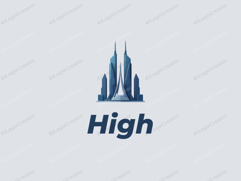 a modern minimalist design featuring tall and majestic towers, arrows integrated into the structure, with a blue and silver color palette, combined with a clean background.