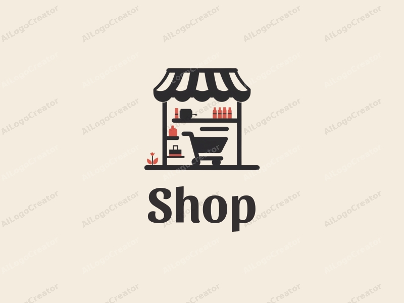 modern design features a stylized shop silhouette, a shopping cart, and shelves, combined with a clean background.