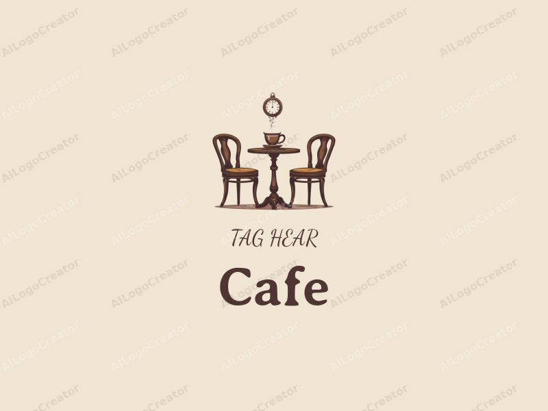 vintage design features a stylized coffee cup, elegant tables and chairs, and an antique clock, combined with a clean background.