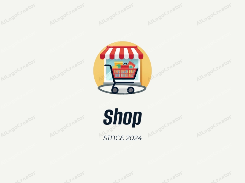 modern design features a stylized shop front, a shopping cart filled with products, combined with a clean background and a harmonious layout.