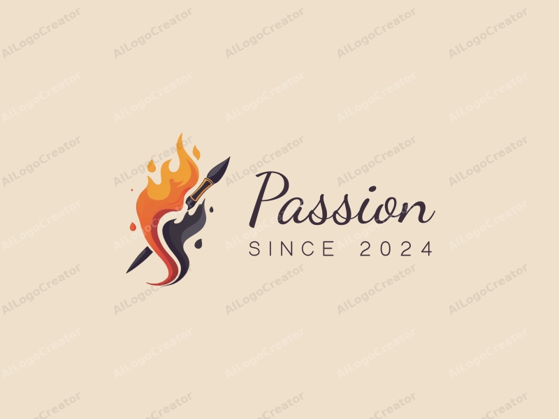 playful design features a dynamic paintbrush intertwined with a flame, symbolizing passion and enthusiasm, combined with a clean background.