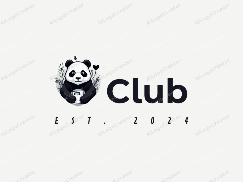 a modern design featuring a stylized panda intertwined with elements of a social club and technology, using a black color palette, combined with a clean and simple background.