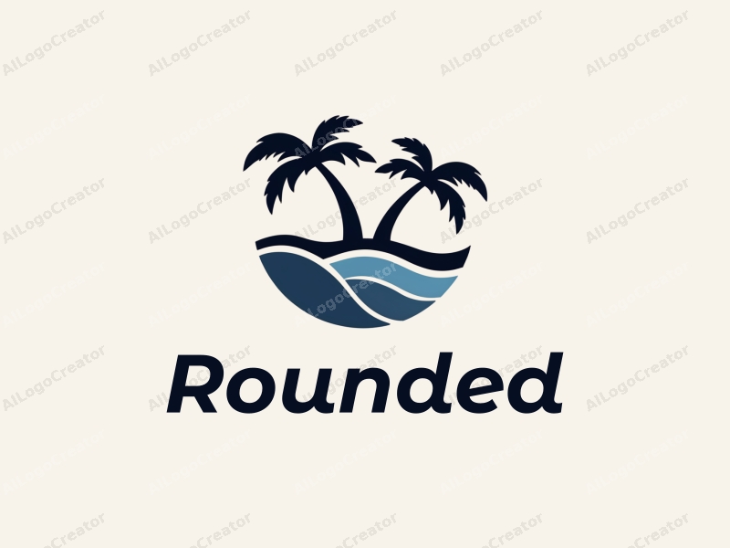 geometric design features circular shapes and curves, stylized waves and palm trees, combined with a clean background.