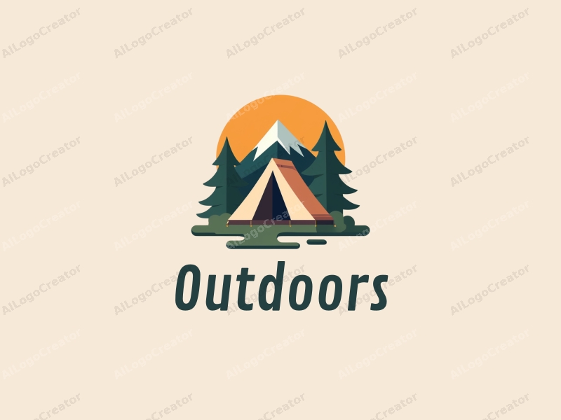 modern design features a stylized camping tent and mountain peak, combined with a clean background and a harmonious composition.