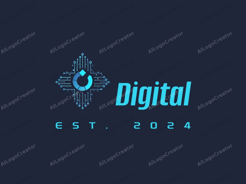 a modern minimalist design featuring digital elements like circuit patterns and data analysis symbols, combined with a clean background in blue and black colors.