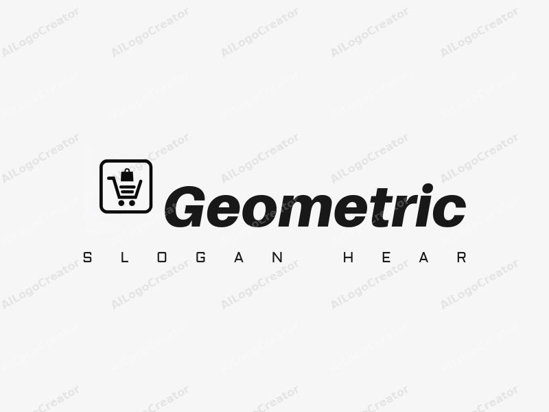 geometric design features a combination of square and circular shapes, incorporating a stylized shopping cart and store silhouette, set against a clean black and white background.