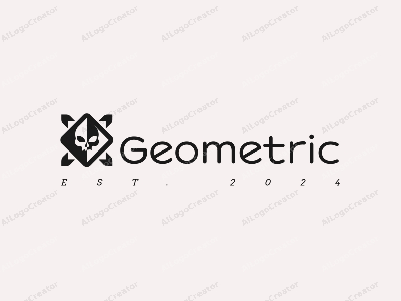 geometric design features a combination of squares and circles, a stylized shield and skull, with a clean black and white color scheme, creating a harmonious and simple composition.