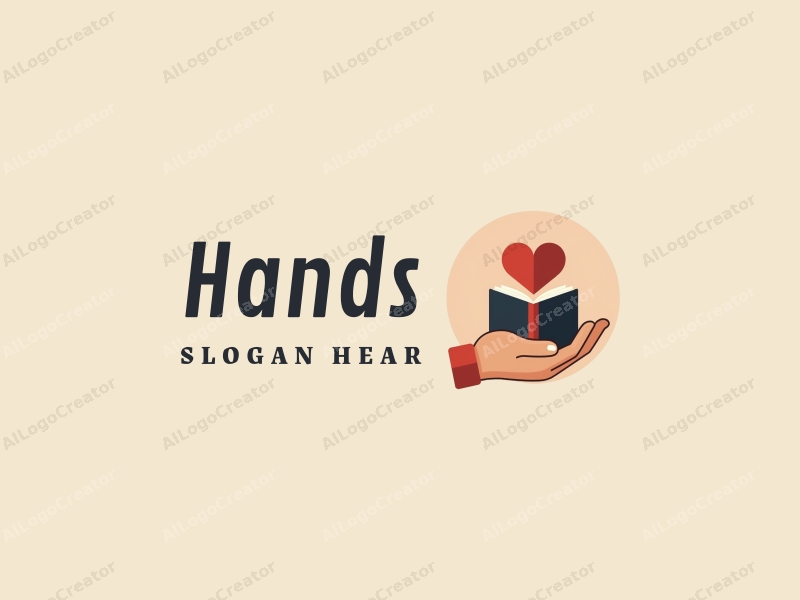 a modern design featuring a hand gently holding a heart and a book, with skin tone colors, combined with a clean and simple background.