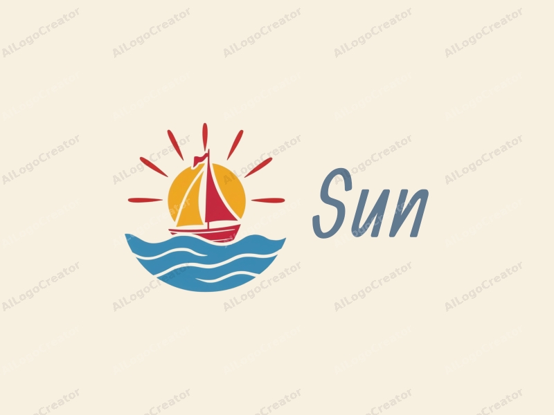 playful design features a bright sun with rays, a stylized sailboat on waves, and a cheerful atmosphere combined with a clean background.