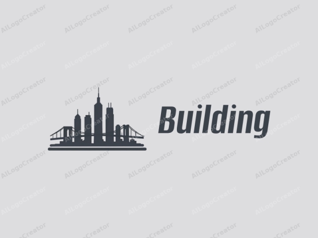 minimalist design features sleek buildings and towers, a stylized bridge silhouette, and a modern design approach combined with a clean gray background.