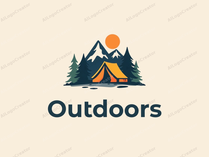 a modern design featuring a stylized camping tent and a mountain range, combined with a clean background and a harmonious composition.