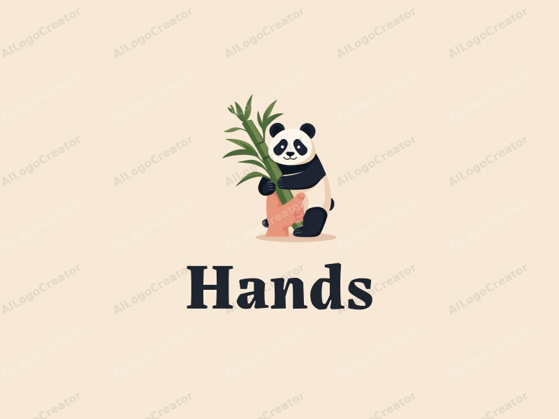 a modern design featuring a hand holding bamboo with a stylized panda, incorporating skin tone colors, set against a clean background.