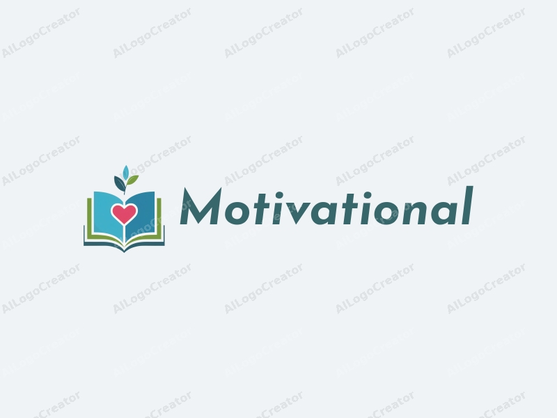 modern design features a stylized book and a heart symbol, representing motivation and encouragement, combined with a clean background in blue and green colors.