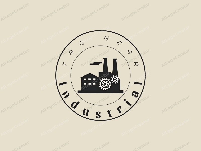 modern design features a stylized factory silhouette with gears and chimneys, utilizing a clean and simple composition with a focus on industrial elements.