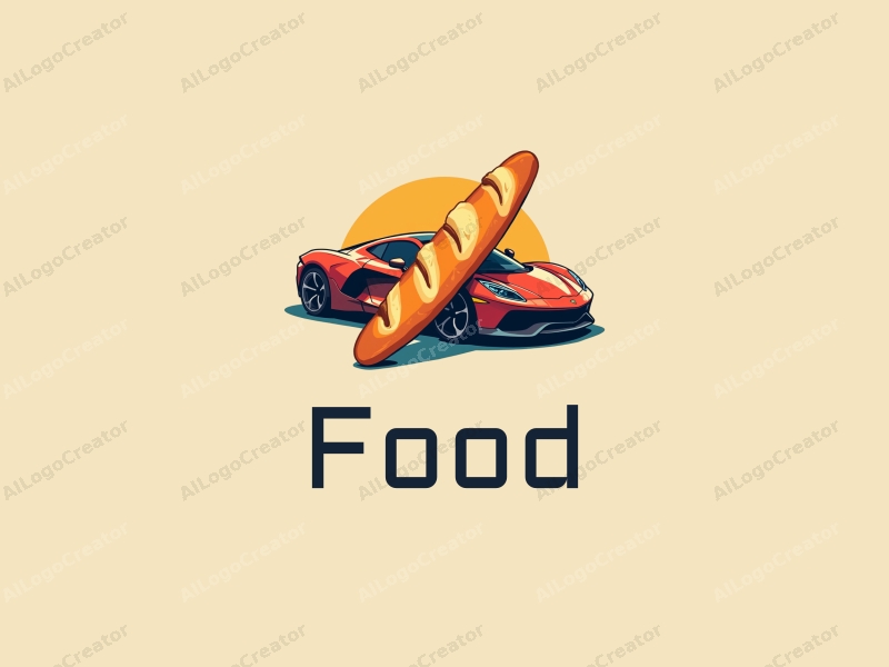 a modern design featuring a colorful French baguette intertwined with a stylized supercar silhouette, using a clean background to emphasize the vibrant food elements.