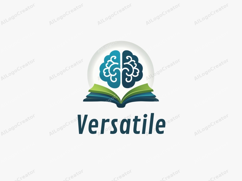 modern design features a stylized brain and an open book, representing multifunctionality and adaptability, combined with a clean background in blue and green tones.