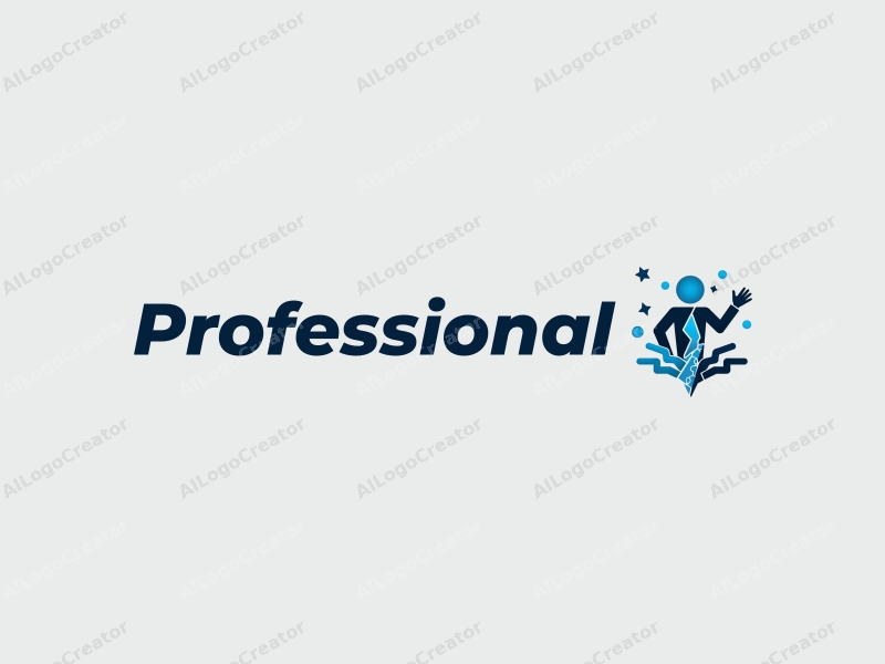 a modern minimalist design featuring a corporate figure intertwined with lightning and network elements, using a blue and black color palette, combined with a clean background.