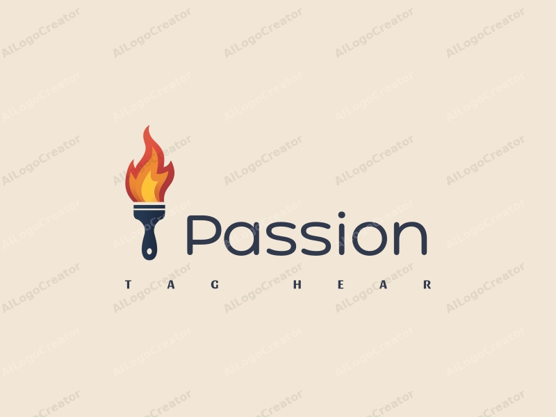 playful design features a dynamic paintbrush intertwined with a flame, symbolizing passion and enthusiasm, combined with a clean background.