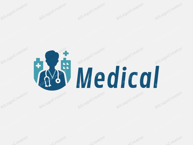 modern design features a stylized hospital silhouette, a doctor figure, a stethoscope intertwined with a heartbeat line, combined with a clean background.