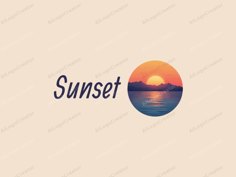 vintage design features a stylized sunset over mountains and ocean, with a harmonious blend of orange and purple colors, creating a serene and artistic atmosphere.