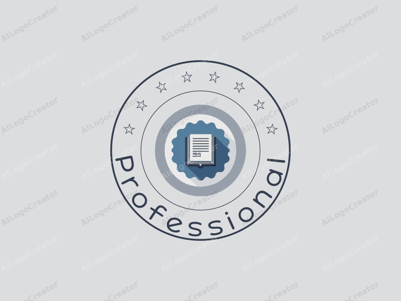 modern design features a stylized book and badge, representing professionalism and certification, combined with a clean background in blue and gray tones.