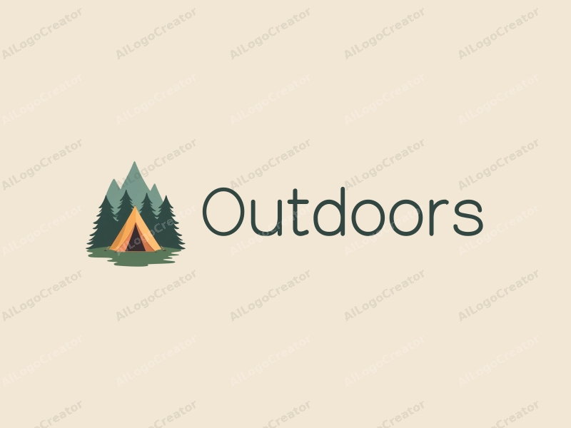 a minimalist design featuring a stylized tent and mountain peaks, combined with a clean background in green and brown tones, emphasizing outdoor adventure and leisure.