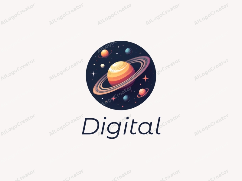 modern design features digital elements, stylized planets, and a cosmic theme combined with a clean background.