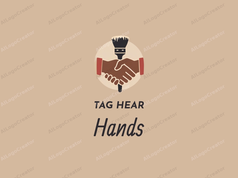 a modern design featuring a hand holding a paintbrush, intertwined with a handshake, using skin tones to create a harmonious and clean composition.