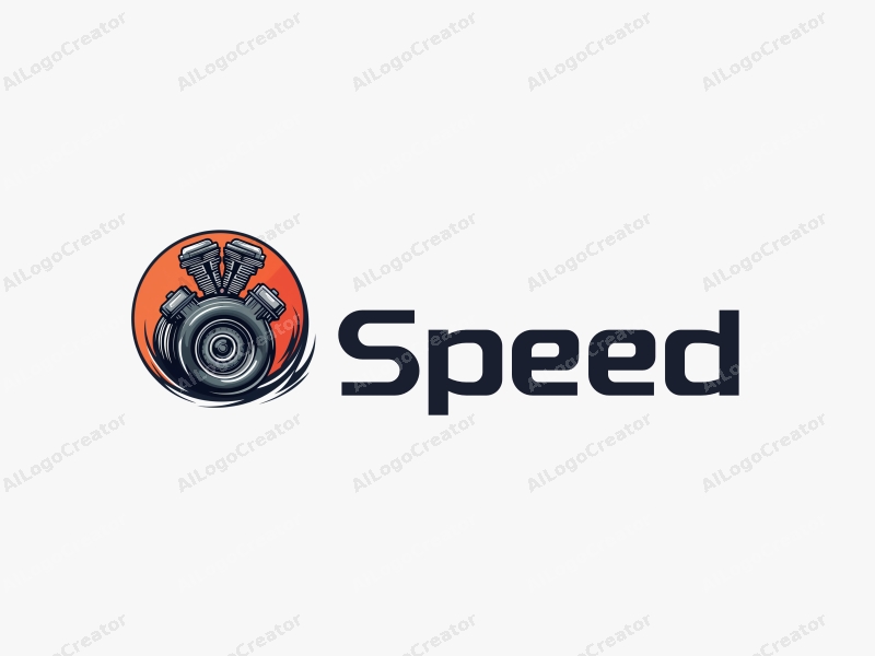 a modern design featuring dynamic lines representing speed, a stylized engine and tire, combined with a clean background to emphasize power and motion.